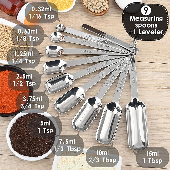 10-Piece Measuring Spoons Set, 18/8 Stainless Steel for Kitchen & Baking, Long Handle Metric & US for Spice Jar, 1/16tsp to 2/3tbsp