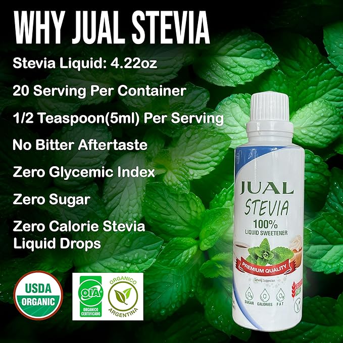 JUAL Natural Liquid Stevia Sweetener with Sucralose – 4.22 Fl Oz – Zero Calorie, Sugar-Free, Low Carb – Stevia Drops for Coffee, Tea & Baking