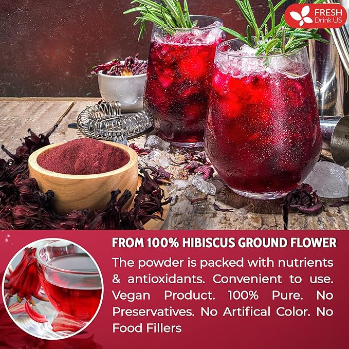 FreshDrinkUS, Premium 16oz Hibiscus Flower Powder, 100% Natural and Pure from Hibiscus Flowers, Natural Food Coloring, No Additives, No Gluten, No Sugar, Vegan