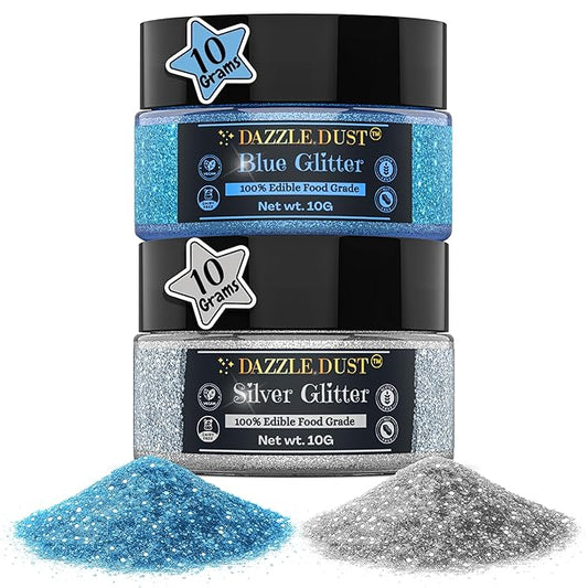 Dazzle Dust Edible Glitter Sprinkles for Cake Decorating, Drinks, Cookie, Icing, Dessert Decorations, Sparkly Luster, Food-Grade, Vegan, Gluten Free, Kosher, Bulk 2 Pack, 10g Each, Blue and Silver