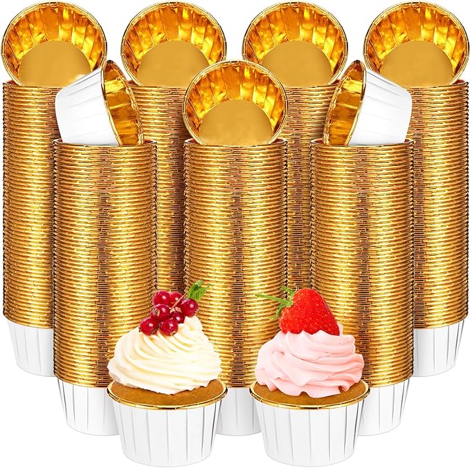 300 Pack White Gold Cupcake Liners Bulk Disposable Foil Muffin Cups 3.5 oz Wrappers for Baking Aluminum Paper Mini Metallic Disposable Holiday Party Wedding Festival Supply