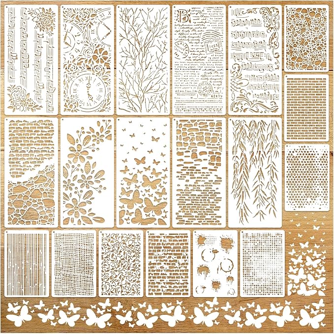 19pcs Stencils for Crafts Reusable Musical Notes Brick Branches Floral Texture Dot Background Template Drawing Layering Stencils for Painting on Wood Scrapbook Furniture Paper Card Decor(crafts19)