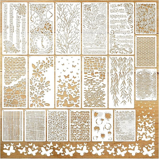 19pcs Stencils for Crafts Reusable Musical Notes Brick Branches Floral Texture Dot Background Template Drawing Layering Stencils for Painting on Wood Scrapbook Furniture Paper Card Decor(crafts19)