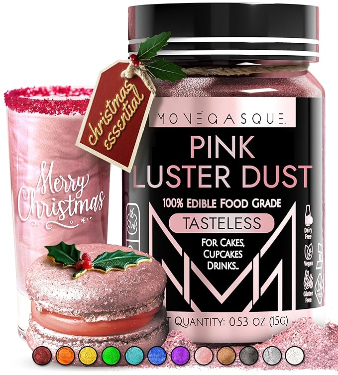 MONÉGASQUE Pink Edible Glitter for Drinks 15g – Pink Edible Glitter for Cakes – Luster Dust for Drinks, Food, & Christmas Cake Decorating – Cocktails & Cake Decorations Spray – Cocktail Drink Shimmer