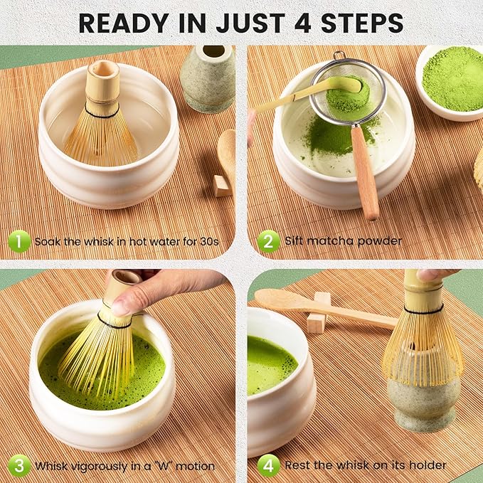 COANTO Matcha Whisk Set - Includes Sifter Bamboo Whisk (Chasen), Tea Spoon, Spoon Holder, Scoop and Green Whisk Holder, 6pcs (No Bowl Included)
