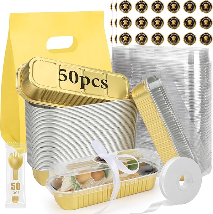 OcePor 50 Pack Mini Loaf Pans With Lids，Mini Cake Pans With Lids and Spoons，6.8oz Bread Loaf Pans Disposable，Small Aluminum Cake Tins,Baking Pans Individual (Gold)