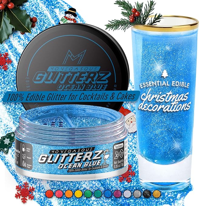 MONÉGASQUE Ocean Blue Edible Glitter for Drinks 10g – Blue Edible Glitter for Cakes & Beverage - Food Decorating & Christmas Cake Decorations Spray - Champagne Sprinkles & Cocktail Drink Shimmer Flake