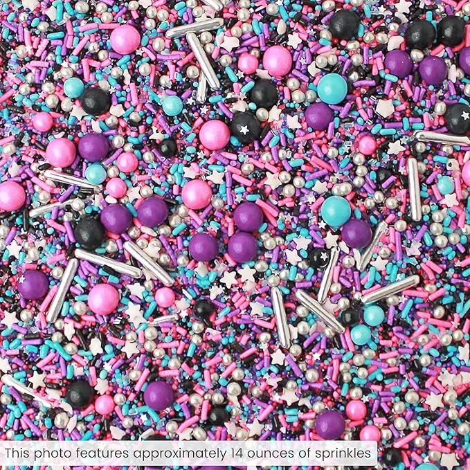 Sprinkle Pop Milky Way Sprinkle Mix| Pink Black Blue Purple Sprinkles With Silver Metallic Dragees| Space Galaxy Stars Sprinkles Made in USA for Decorating Cakes Cookie Cupcakes Ice Cream, 2oz