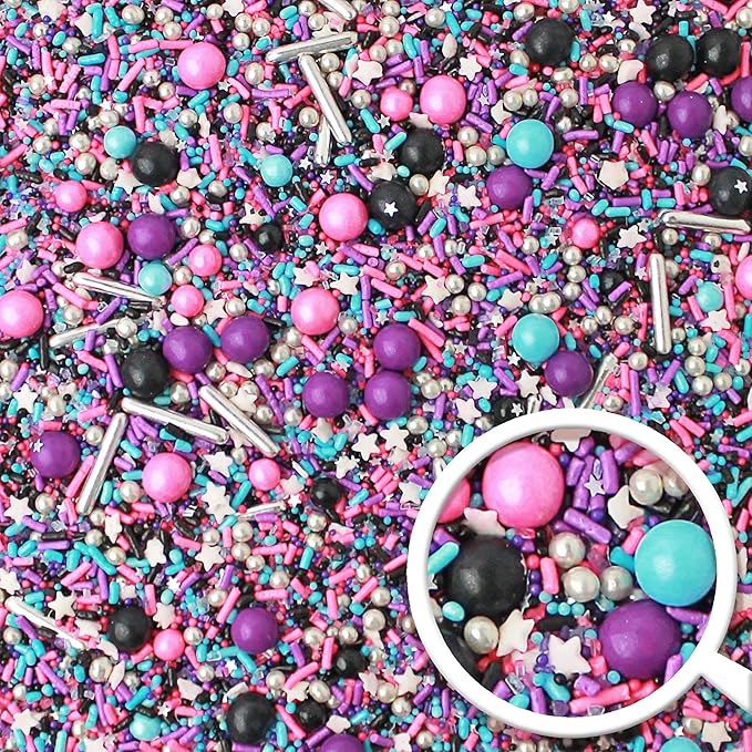 Sprinkle Pop Milky Way Sprinkle Mix| Pink Black Blue Purple Sprinkles With Silver Metallic Dragees| Space Galaxy Stars Sprinkles Made in USA for Decorating Cakes Cookie Cupcakes Ice Cream, 2oz