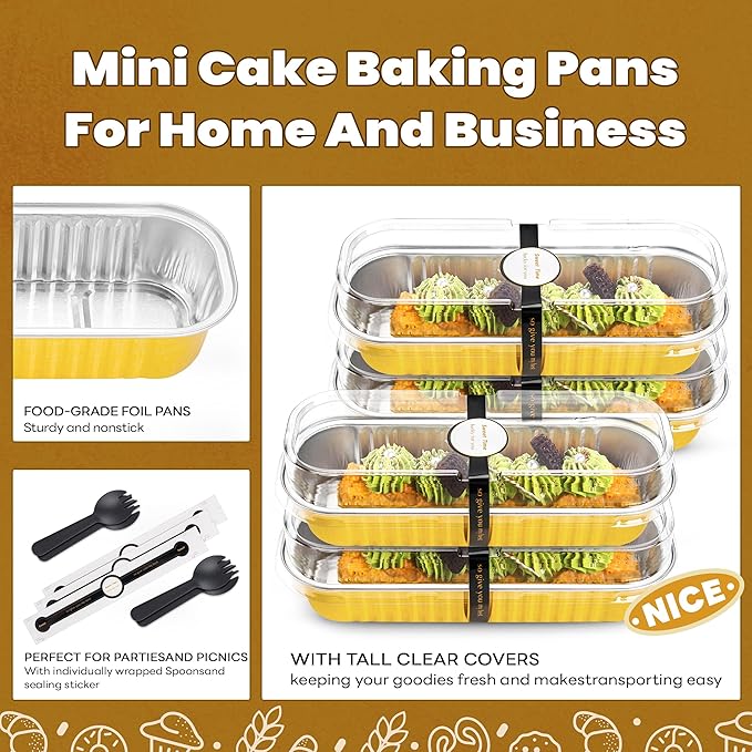 50 Pack Mini Cake Pans with Lids and Spoons Gold Rectangular Aluminum Foil Baking Pans Mini Cheesecake Containers(6.8oz)