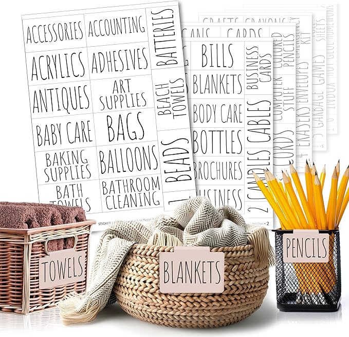 Hygge & Sage Minimalist Household Labels for Organizing - 224 Preprinted Waterproof Sticker Labels + 16 Blank Labels for Home Office, Craft Room, Linen Closets, and Laundry Organization and Storage