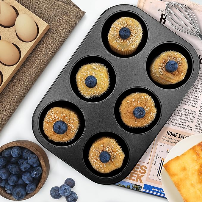 Satax Muffin Pan for Baking, Nonstick Cupcake Tin 6 Cup,sets of 2,Heavy Duty Steel Muffin Pan (Black, 6-cup)