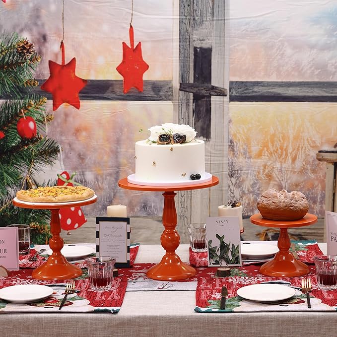 Set of 3 Orange Cake Stands, Metal Round Cake Holder Dessert Pie Pizza Display Stand 8" 10" 12" Serving Tray Halloween Decoration for Wedding Celebration Party Birthday Baby Shower