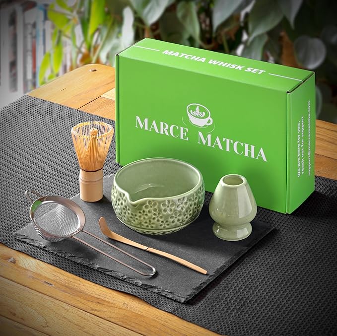 Matcha Whisk Set- Matcha Set includes Matcha Whisk and Bowl, Sifter, Holder and Scoop- The Perfect Bamboo Whisk for Matcha Tea (Molted Green)