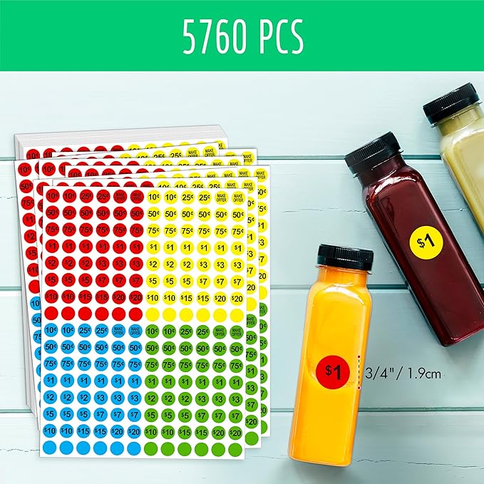 5760 PCS Pre-Priced Pricing Stickers, Sale Labels in 4 Bright Colors (Yellow/Red/Green/Cyan), Price Tag Stickers for Yard/Garage Sale, Flea Market (3/4” in Diameter)