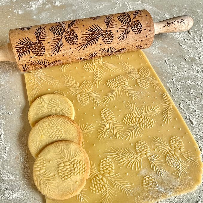 Embossing Rolling Pin PINE CONES – Dough and Clay Roller for Embossed Cookies and Pottery, Cookie and Ceramic Stamp, Baking Gifts for Women by Algis Crafts