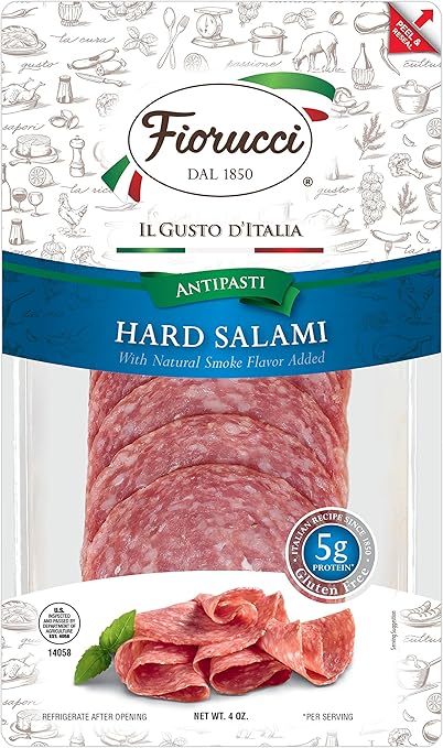 Fiorucci Hard Salami, Classic Natural Smokey Flavor Added, Gluten Free, 5g of Protein, 4 Oz (Pack of 18)