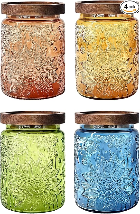 Glass Jars with Airtight Wood Lids – 24 OZ Set of 4 Kitchen Pantry Bathroom Storage Canisters, Decorative Vintage Containers for Candy, Coffee, Cookie, Cereal, Nuts, Oats, Flour, Sugar, Tea, Sunflower