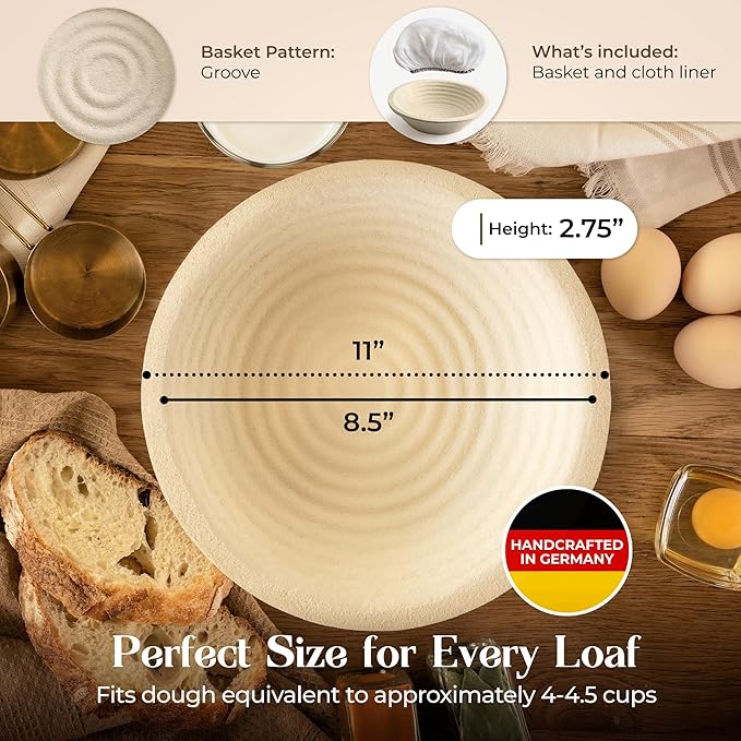 11" Round Wood Pulp Banneton Bread Proofing Basket – 2.2LB Brotform, Grooved Pattern – Non-Stick Natural Wood Pulp Pressed for Durability – Made in Germany Proofing Baskets for Sourdough Bread Baking