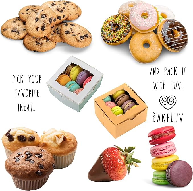 BAKELUV 25pcs White Small Cookie Boxes with Window, 4x4x2.5 Inches Bakery Boxes, Mini Cake, Treats, Macaron Packaging, Individual Cupcake, Gift Giving