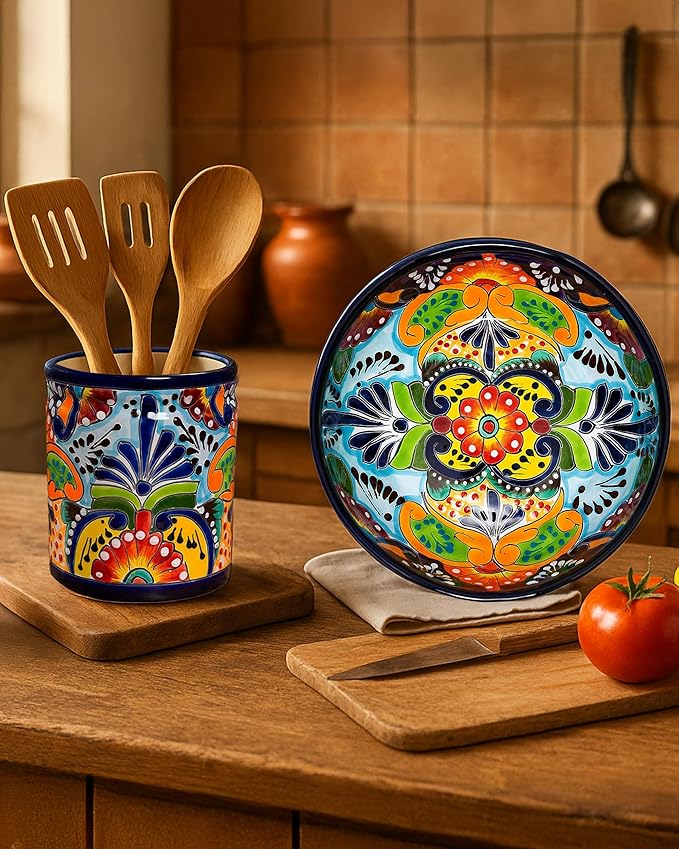 Utensil Holder For Counter Extra Large Utensil Holder, Mexican Talavera Pottery Kitchen Decor, Drawer Organizer, Spoon Holder, Ceramic Mexico Decor for Home Spatula Holder, Mexican Vase, Spoon Rest