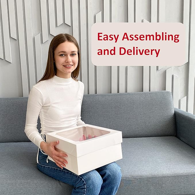 12x12x8 Inch Cake Boxes 15 pcs, Large 12 Inch Cake Box with Window for 8 Inch Tall Tiered Bakery Cakes, Pies, Sturdy Square White Cardboard, Cake Decorating Supplies (80 Pcs Stickers)
