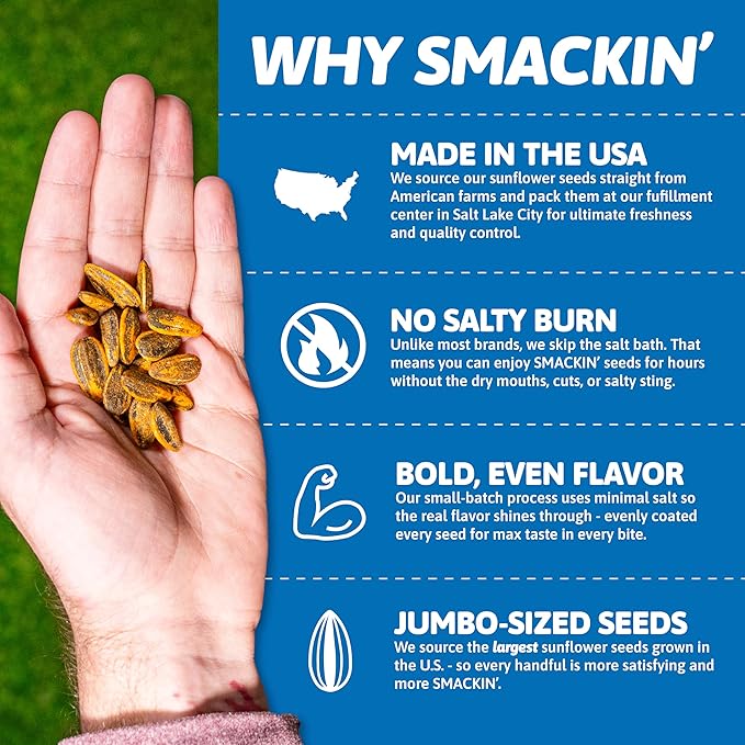 SMACKIN' Sunflower Seeds, Roasted Jumbo Small-Batch, American Made - Cheddar Jalapeño. 1.5oz bags (6 Pack)