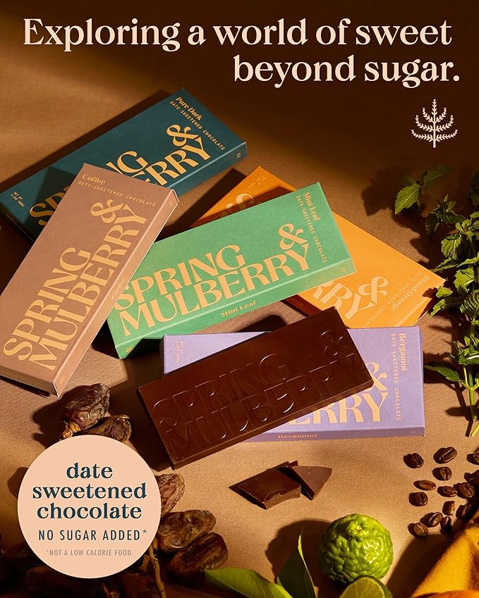 Spring & Mulberry Dark Chocolate Bars - Refined Sugar Free Dark Chocolate Sweetened with Dates, Healthy Chocolate - Coffee 3 Pack