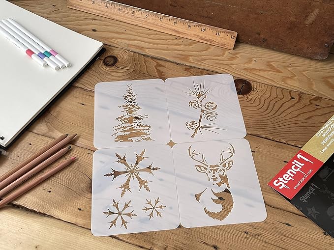 Stencil1 Winter Christmas 4 Pack Set Stencil – Reusable Winter Christmas Template for DIY Crafts, Holiday Decor, Painting on Wood, Fabric, Cards & More - 8.5" x 11"