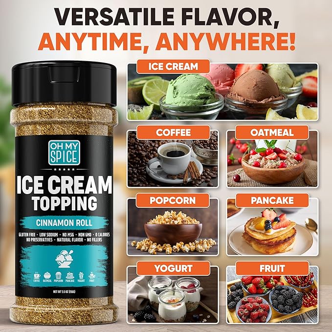Ice Cream Topping Cinnamon Roll Mix - Gluten Free & Low Sodium Cinnamon and Sugar Flavor for Coffee Toppings. Cinammon Sugar Powder Seasoning for Oatmeal, Yogurt & Dessert. Sweet Buttery Blend. 5.5oz