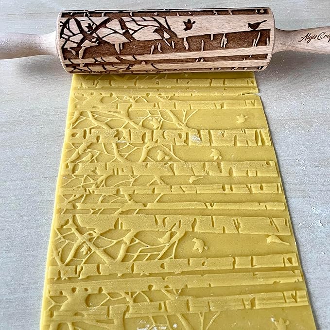 Embossing Rolling Pin BIRCH. Engraved Wooden Embossed Dough Roller for Embossed Cookies or Clay by Algis Crafts