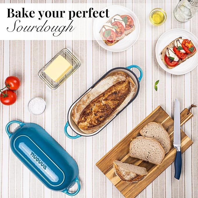 Enamelled Cast Iron Bread Loaf Pot – Dutch Oven For Sourdough Bread Baking – Oven Safe Non Stick Bread Pot – Rectangular, Light Blue, 34cm x 16cm – by Nuovva