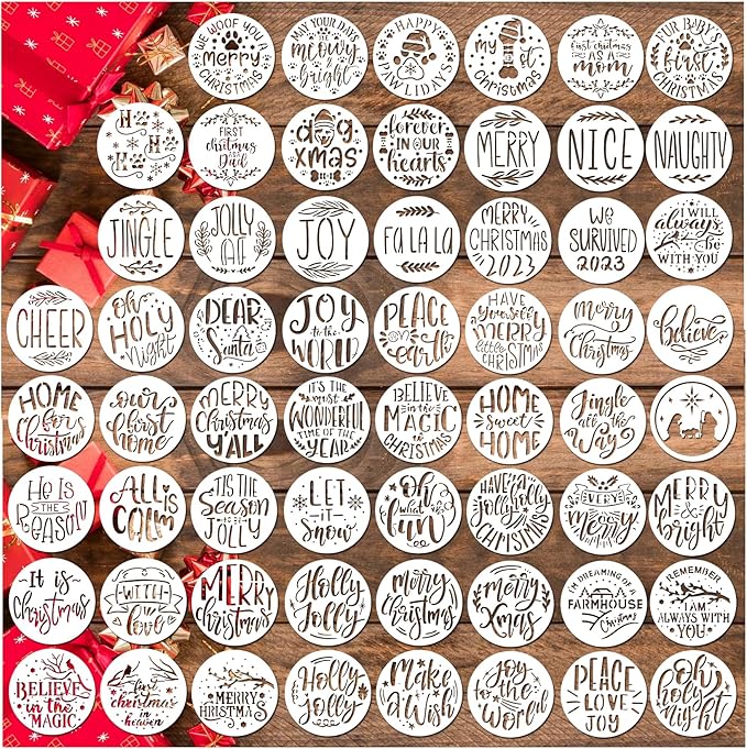 60pcs Christmas Stencils for Painting on Wood 3 Inch Small Nativity Ornament Reusable Holiday Xmas Drawing Stencil Templates for Wood DIY Crafts Card Paper Gift Home (Christmas Three)