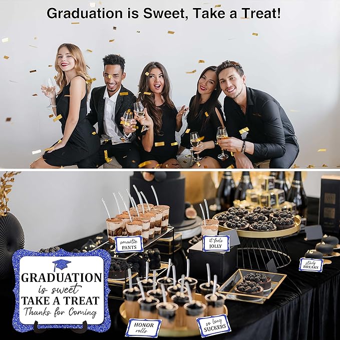 20PCS Graduation Candy Buffet Labels, 1 Blue Glitter Candy Buffet Table Sign with Stand, Catering Supplies Display for Graduation Decorations Class of 2026 -A01