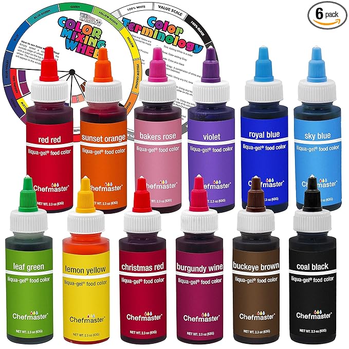 12 Food Color U.S. Cake Supply 2.3-Ounce Liqua-Gel Cake Food Coloring Variety Pack with Color Mixing Wheel - Made in the U.S.A.