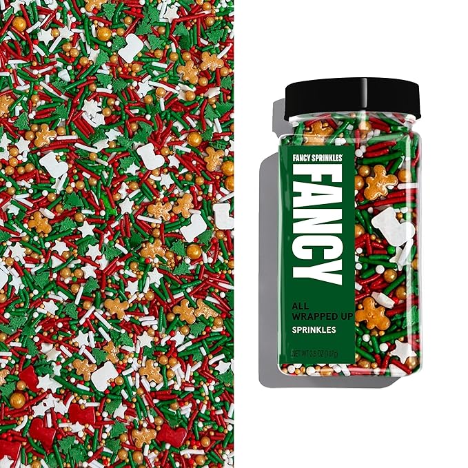 Fancy Sprinkles Limited Edition Holiday All Wrapped Up Red and Green Crunchy Sprinkles (Fancy's signature inclusion), Christmas Tree Shapes, White Stars, Nonpareils, Gingerbread Men and Stocking Shapes (0.5c)