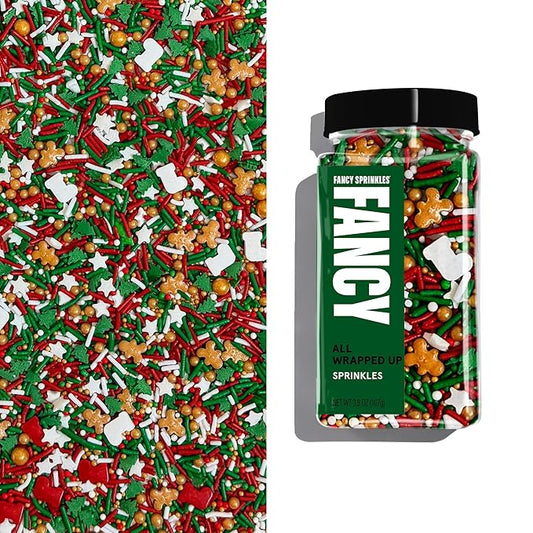 Fancy Sprinkles Limited Edition Holiday All Wrapped Up Red and Green Crunchy Sprinkles (Fancy's signature inclusion), Christmas Tree Shapes, White Stars, Nonpareils, Gingerbread Men and Stocking Shapes (0.5c)
