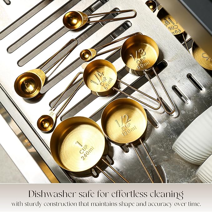 Gold Stainless Steel Measuring Cups and Spoons Set, Engrave Measurements, Dishwasher Safe, Durable Kitchen Set