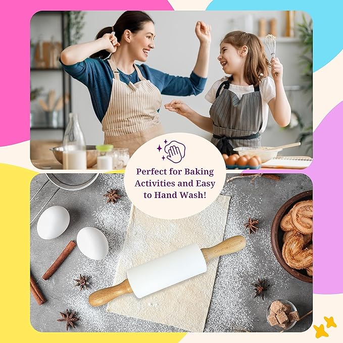 Small Rolling Pin for Kids, Non-Stick Silicone Surface with Wooden Handles for Play Dough and Baking Rolling Pin (9in, White)