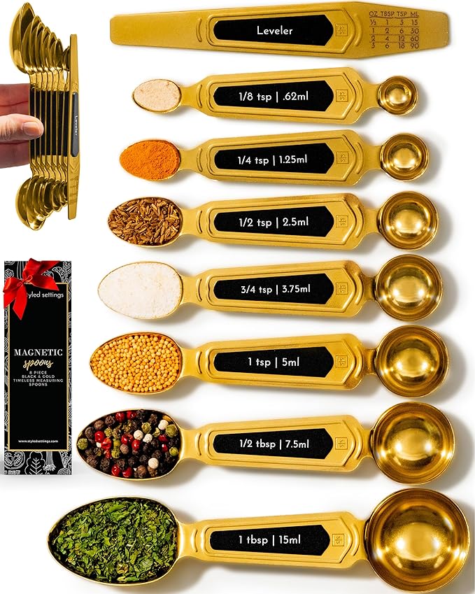 Gold Magnetic Measuring Spoons with Leveler - Featuring 8-Piece Upgraded Style, Dual-Sided, Stackable, Stainless Steel Gold Measuring Spoons Set - Fits in Spice Jars, Luxury Kitchen Accessories