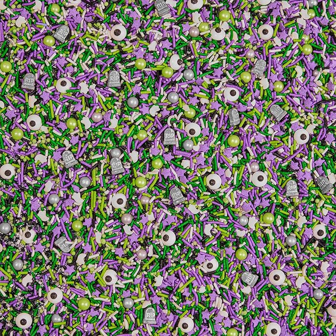 Fancy Sprinkles Graveyard Shift Purple and Green Crunchy Sprinkles, Plus Candy Eyeballs, Ghostly Confetti, and Eerie Tombstone Shapes (0.5c)