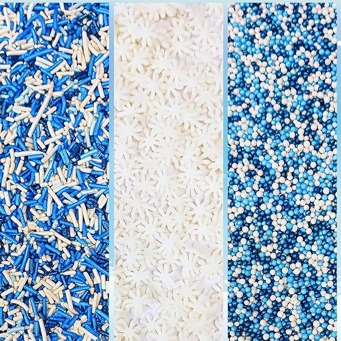 Confect Christmas Sprinkles | Frozen Mix Blue Pearls | Silver & White & Snowflakes | White Flower Sprinkle | Christmas Jimmies Sprinkles - 5 Oz