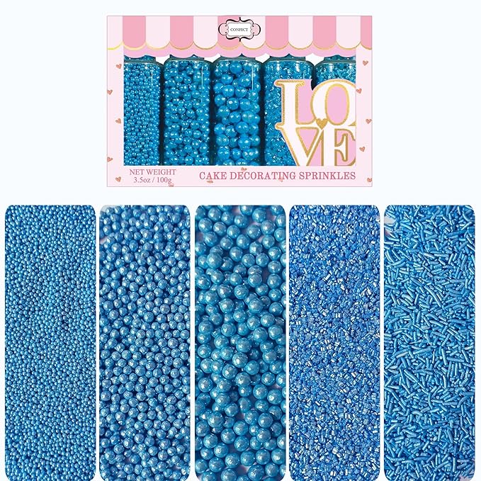 Confect Christmas Sprinkles – Assorted Pack of 5 (Friday Evening Party Bright Blue Mix with Dragees, Jimmies & Sparkling Sugar) | Edible Sprinkles for Cakes & Cupcake Decoration | Vegan, Gluten-Free, Nut-Free, Soy-Free, Dairy-Free, Palm Oil-Free- 5 Oz