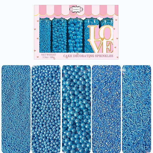 Confect Christmas Sprinkles – Assorted Pack of 5 (Friday Evening Party Bright Blue Mix with Dragees, Jimmies & Sparkling Sugar) | Edible Sprinkles for Cakes & Cupcake Decoration | Vegan, Gluten-Free, Nut-Free, Soy-Free, Dairy-Free, Palm Oil-Free- 5 Oz