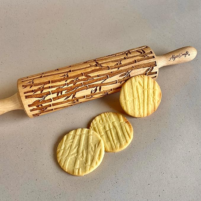 Embossing Rolling Pin BAMBOO – Dough and Clay Roller for Embossed Cookies and Pottery with Asian Bamboo Pattern, Cookie and Ceramic Stamp, Baking Gifts for Women by Algis Crafts