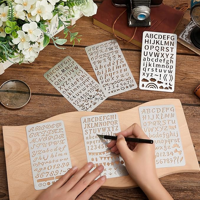 Lewtemi 6 Pcs Mixed Metal Stencil Wood Stencil Templates Stencils for Journaling Burning Stencils for Wood Carving Drawing Engraving Scrapbooking Journal Craft DIY (Letter Style)