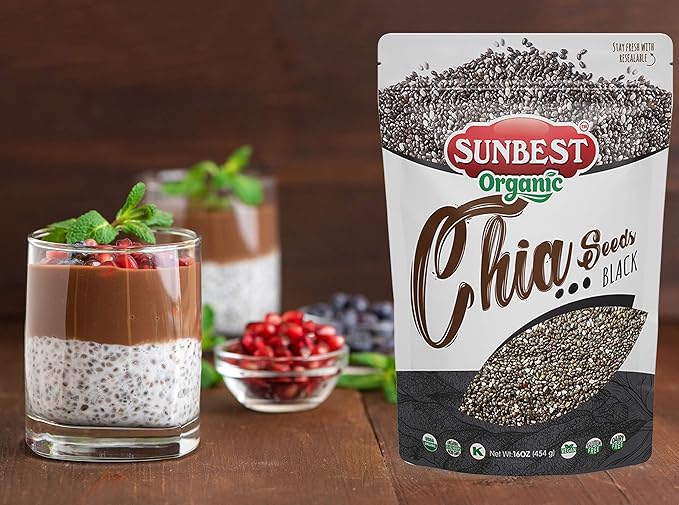 Sunbest Natural Organic Black Chia Seeds – 2-Pack (16 oz each) – Non-GMO, Vegan, Kosher – High in Omega-3, Fiber & Protein – Perfect for Smoothies, Baking & Cooking