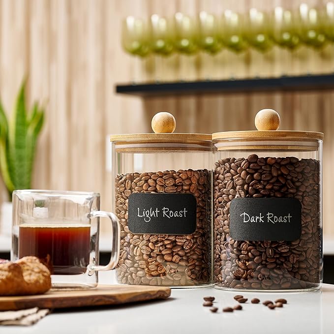 Set of 2 Large Glass Canisters for Kitchen Counter with Airtight Bamboo Lids + Marker & Labels - Cookie Jars with Wooden Lid, Food Storage Containers for Pantry, Flour Pasta Candy Coffee Pods - 68oz.