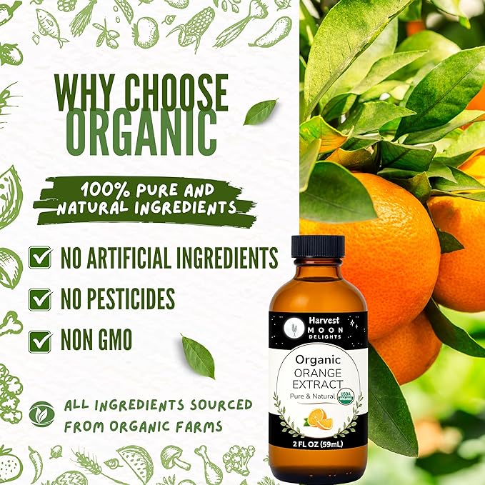 Organic Orange Extract for Baking, Ice Cream, Drinks, and Candy - 2 oz - Water-Soluble - By Harvest Moon Delights - Pure Orange Extract, Flavoring, Flavor