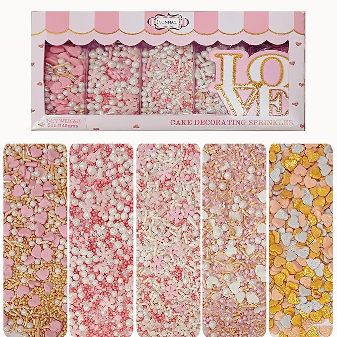 Confect Pink, Silver, Gold & White Pearl Sprinkles Mix – Edible Baking Decorations for Cakes, Cupcakes, Cookies – Valentine’s & Celebration Sprinkle Set – Pack of 5 - Vegan, Gluten-Free, Nut-Free, Soy-Free, Dairy-Free, Palm Oil-Free -5 Oz